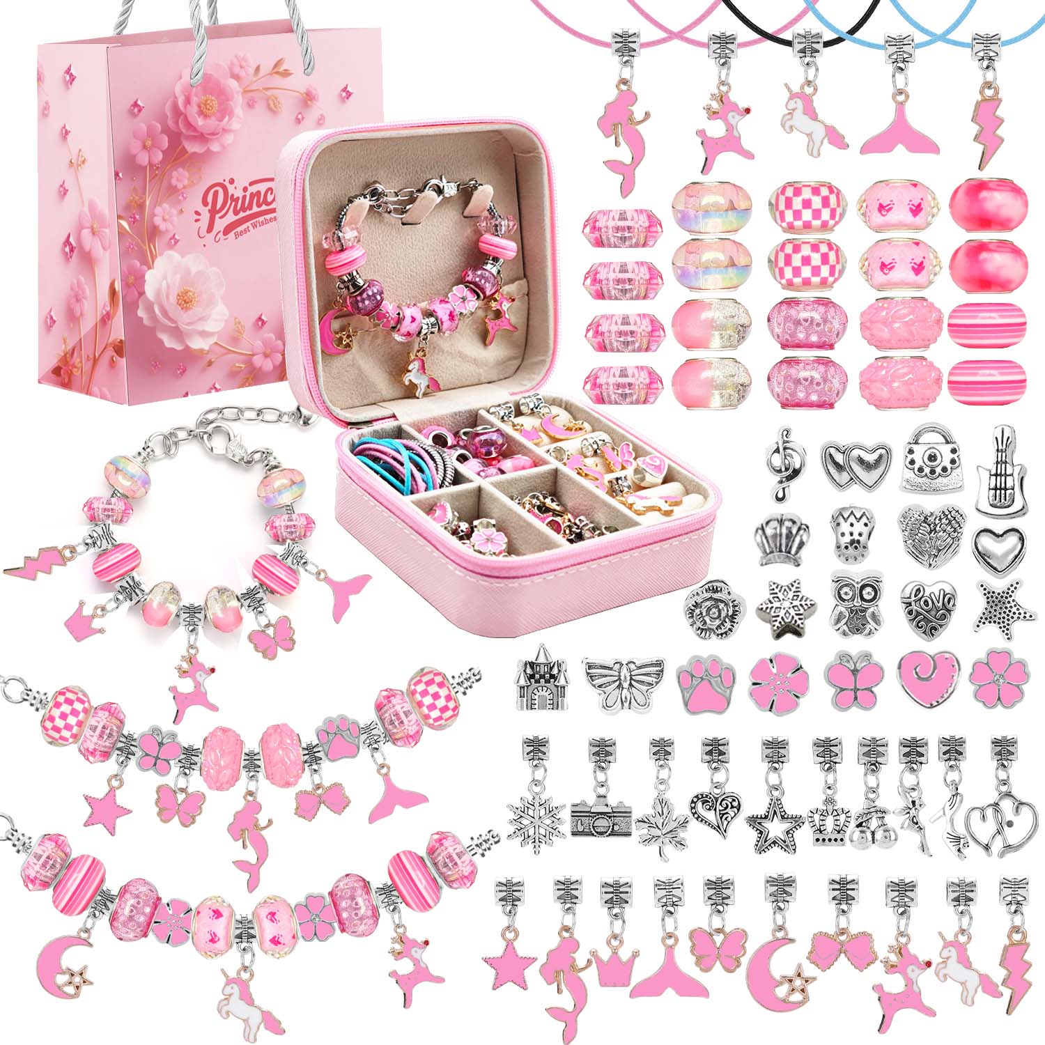 Body Jewelry Organizer - 68pcs pink beaded jewelry set, charm
