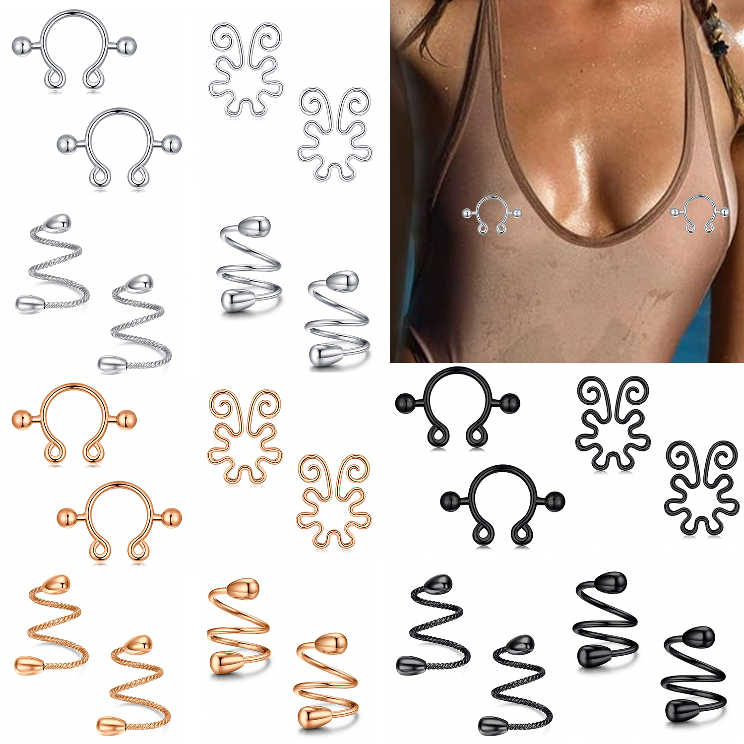 Body Jewelry Nipple Rings - 8Pcs Stainless Fake Nipple Rings,Opening Adjustable